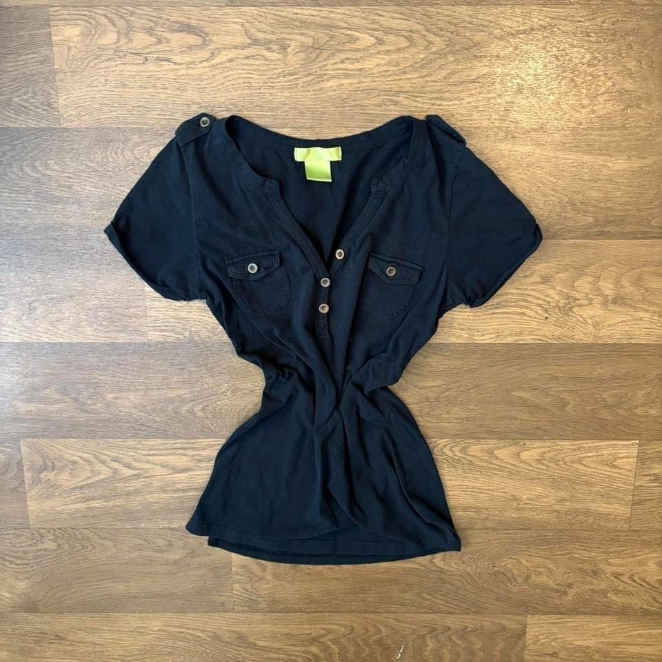 Vintage Y2k Twee Style Womens Double Pocket Henley Button Black T Shirt Blouse L